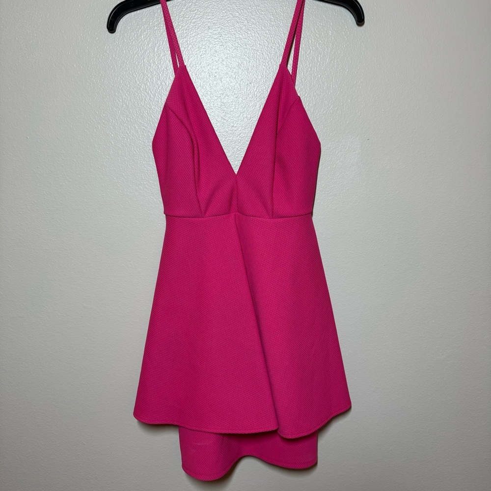 Lulus Hot Pink Peplum Sleeveless Spaghetti Strap Knit Dress V-Neckline Sz Small